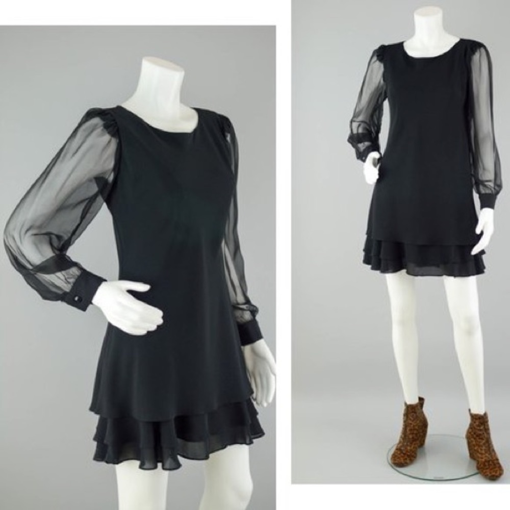 Hampton Nites Petites Vintage 90s Sheer Long Sleeve Mini Dress Ruffle Lined
